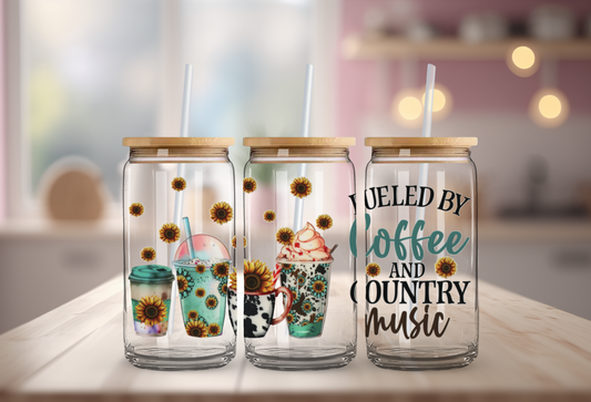 Fueled By Coffee & Country Music 16oz Glass Can with Bamboo Lid & Straw