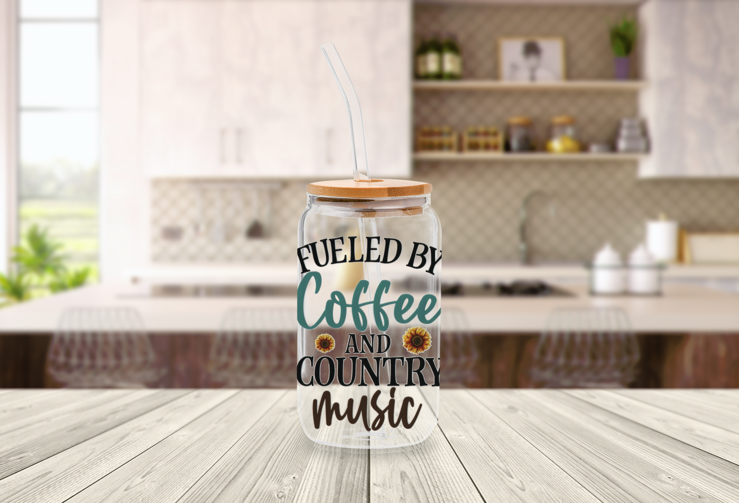 Fueled By Coffee & Country Music 16oz Glass Can with Bamboo Lid & Straw