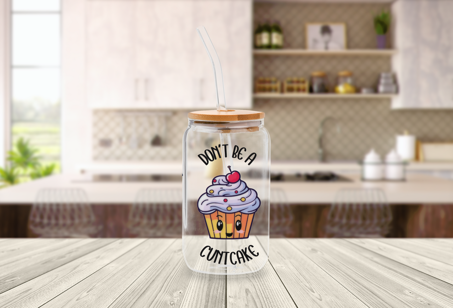 Kawaii Don't Be A Cuntcake 16oz Glass Can with Bamboo Lid & Straw