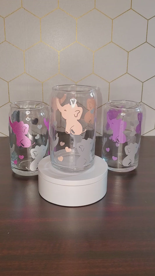 16oz Elephants On Parade Pink/Grey or Purple/Grey Acrylic Cup, Straw & Lid