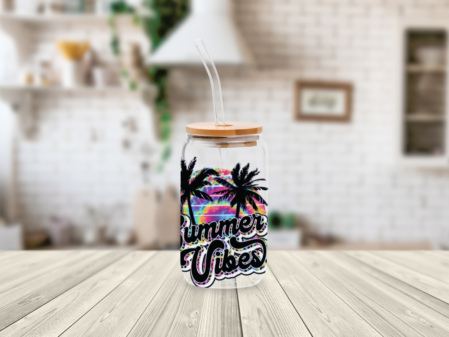 Summer Vibes 16oz Glass Beer Can with Bamboo Lid & Straw