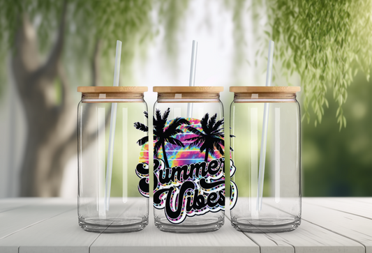 Summer Vibes 16oz Glass Beer Can with Bamboo Lid & Straw