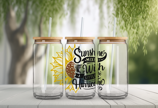 Sunshine Mixed With A Little Hurrican 16oz Glass Can with Bamboo Lid & Straw