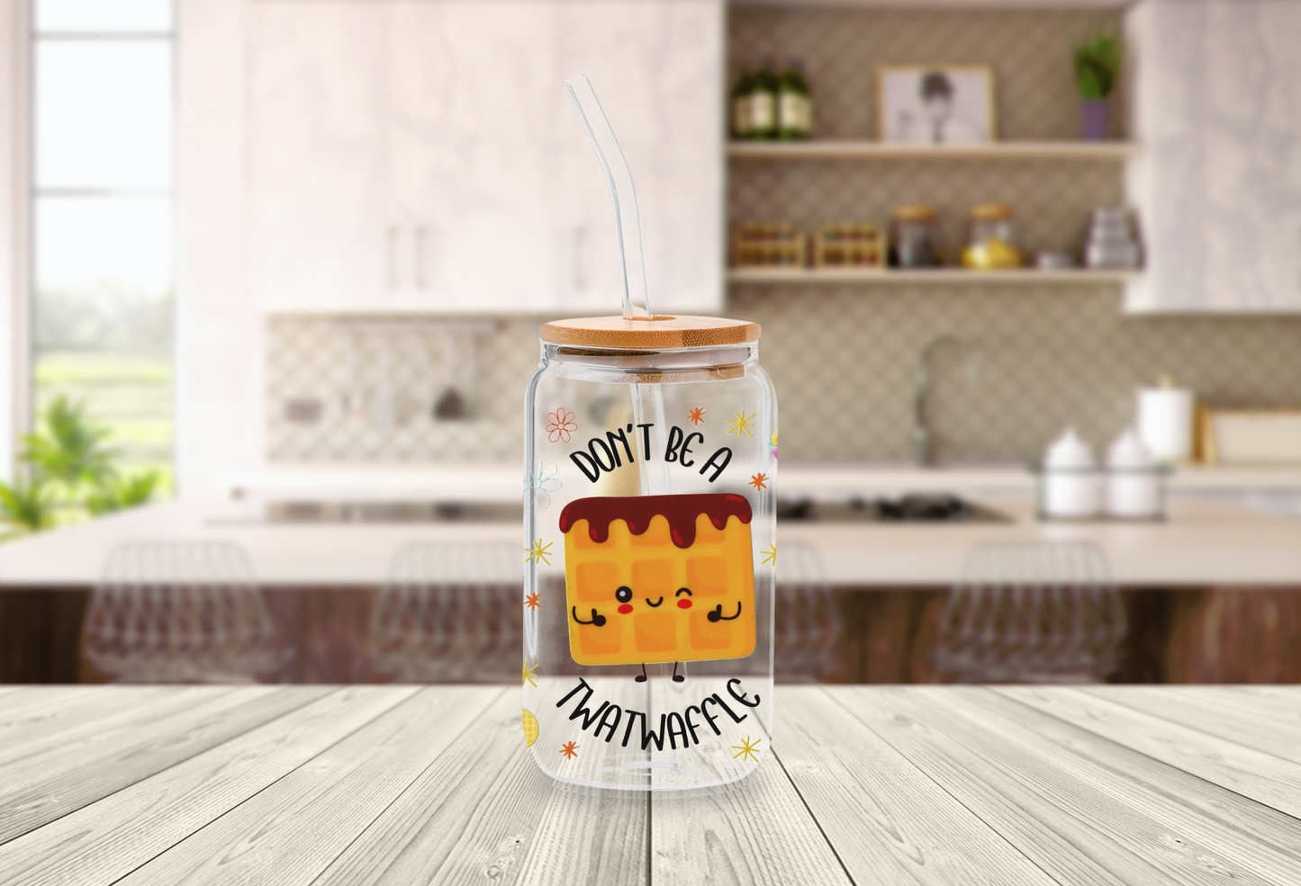 Kawaii Don't Be A Twatwaffle 16oz Glass Can with Bamboo Lid & Straw