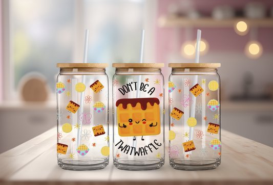 Kawaii Don't Be A Twatwaffle 16oz Glass Can with Bamboo Lid & Straw